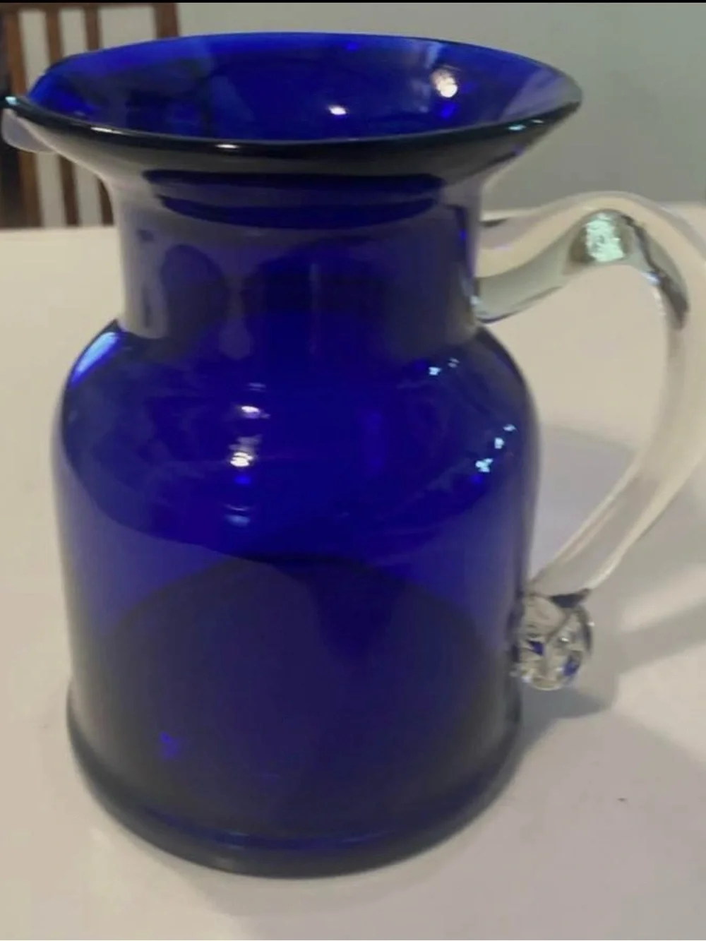 Deep Cobalt Blue Glass Pitcher with Clear Handle